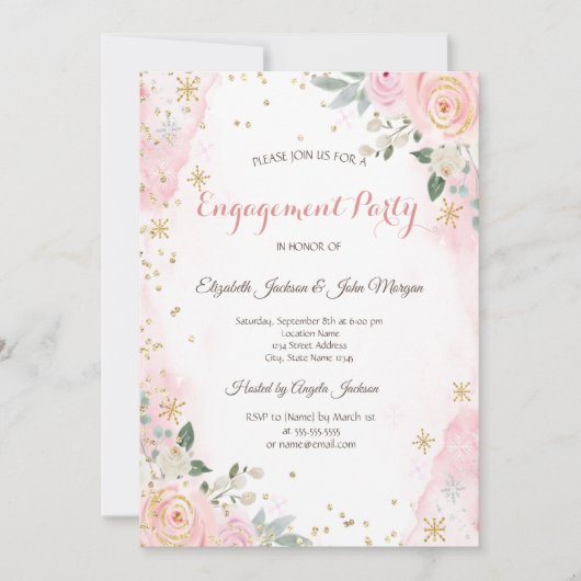 Invitation Chic Fleurs d'aquarelle Fiançailles de flocons de (Devant)