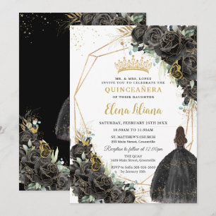 Invitation Chic Fleurs de Roses Noires Or Quinceanera Sweet 1