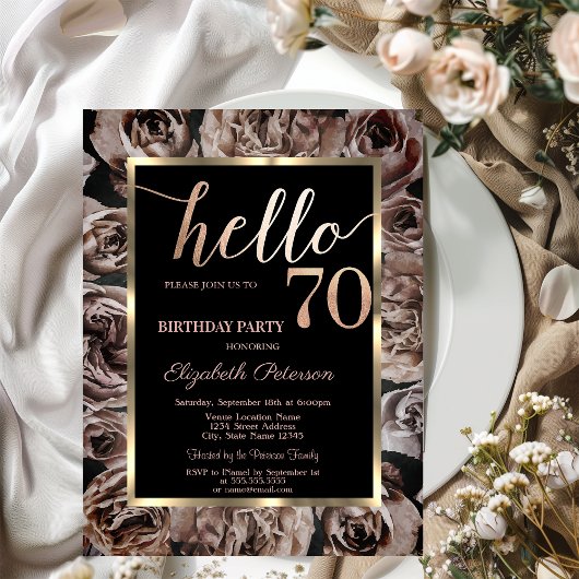 Invitation Chic Fleurs Noires Roses Sombre 70e Anniversaire