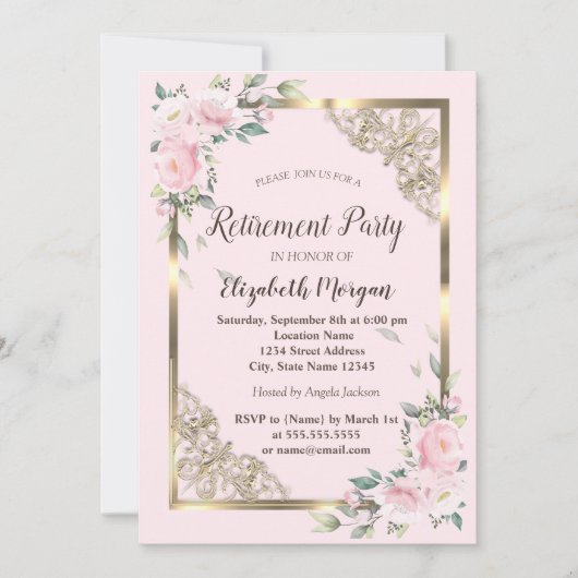 Invitation Chic Fleurs Roses Or Frame Retraite (Devant)