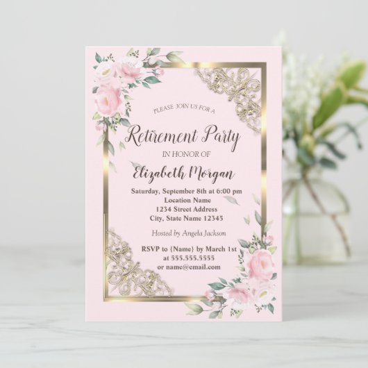 Invitation Chic Fleurs Roses Or Frame Retraite (Debout devant)