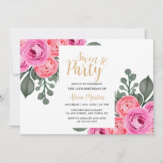 Invitation Chic Flora Dusty Rose Or Sweet 16 Party (Devant)