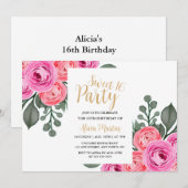 Invitation Chic Flora Dusty Rose Or Sweet 16 Party (Devant / Derrière)