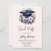 Invitation Chic Floral Aquarelle Bleu Graduation Cap Party (Devant)