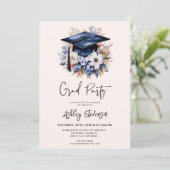 Invitation Chic Floral Aquarelle Bleu Graduation Cap Party (Debout devant)