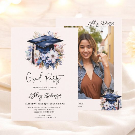 Invitation Chic Floral Aquarelle Bleu Graduation Cap Party