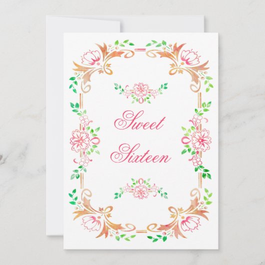 Invitation Chic Floral Aquarelle Sweet 16 double face (Devant)