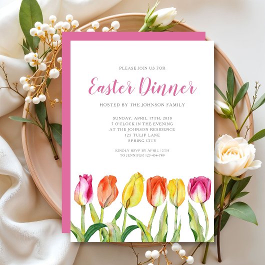 Invitation Chic Floral Aquarelle Tulip Dîner de Pâques