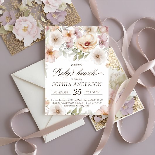 Invitation Chic Floral Baby en Fleur Aquarelle Bébé Brunch
