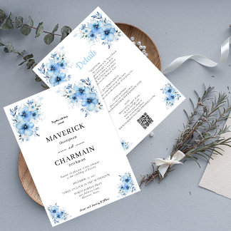 Invitation Chic Floral Bleu Avant et Arrière Mariage