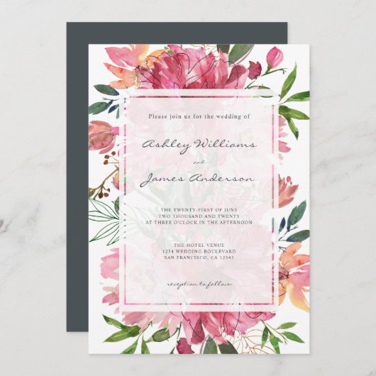 Invitation Chic Floral Botanique Boho Pink Peony Mariage (Devant / Derrière)