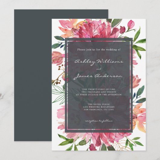 Invitation Chic Floral Botanique Boho Pink Peony Mariage (Devant / Derrière)