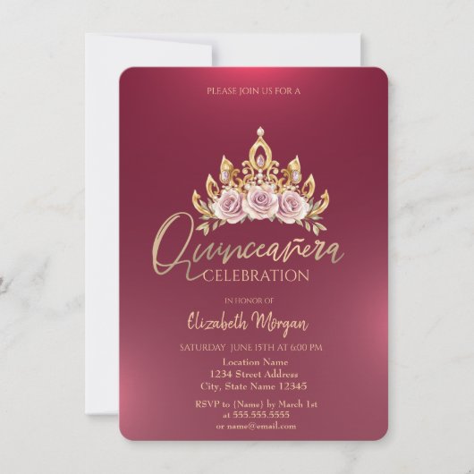 Invitation Chic Floral Couronne Bourgogne Quinceañera (Devant)