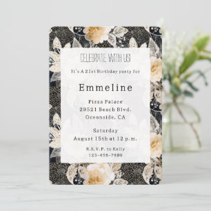 Invitation Chic Floral Crème Noire Leopard Animal Anniversair