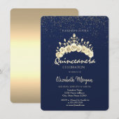 Invitation Chic Floral Crown Navy Blue Gold Quinceañera  (Devant / Derrière)