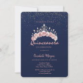 Invitation Chic Floral Crown Navy Blue Quinceañera (Devant)
