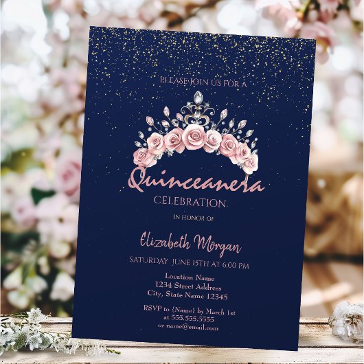Invitation Chic Floral Crown Navy Blue Quinceañera
