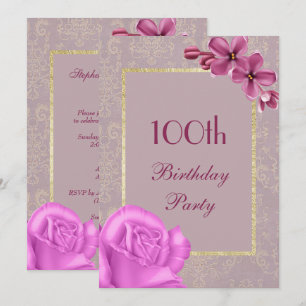 Invitation Chic floral et élégant damas 100e anniversaire