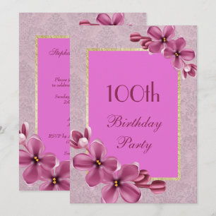 Invitation Chic floral et élégant damas 100e anniversaire