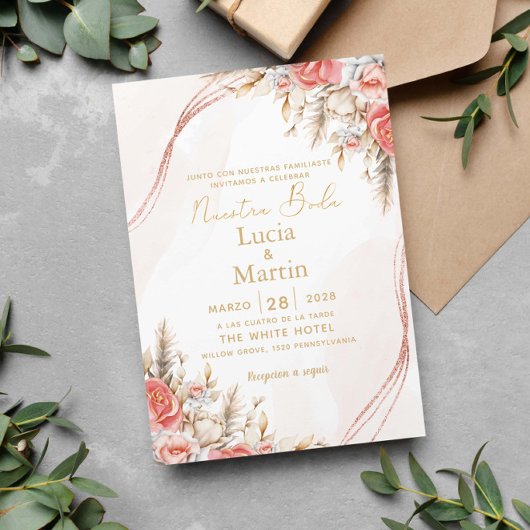 Invitation Chic Floral et feuille espagnol Notre Mariage