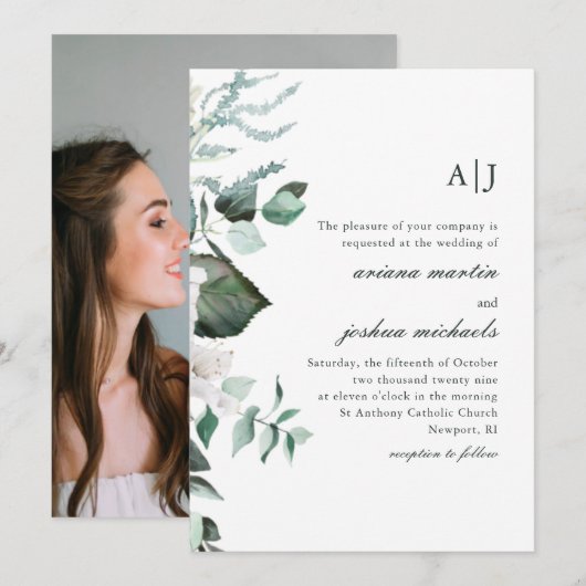 Invitation Chic Floral et verdure Monogramme Mariage photo en (Devant / Derrière)