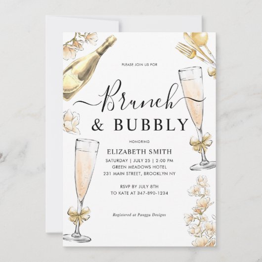 Invitation Chic Floral Gold Brunch et Fête des mariées Bubbly (Devant)