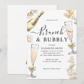 Invitation Chic Floral Gold Brunch et Fête des mariées Bubbly (Devant / Derrière)