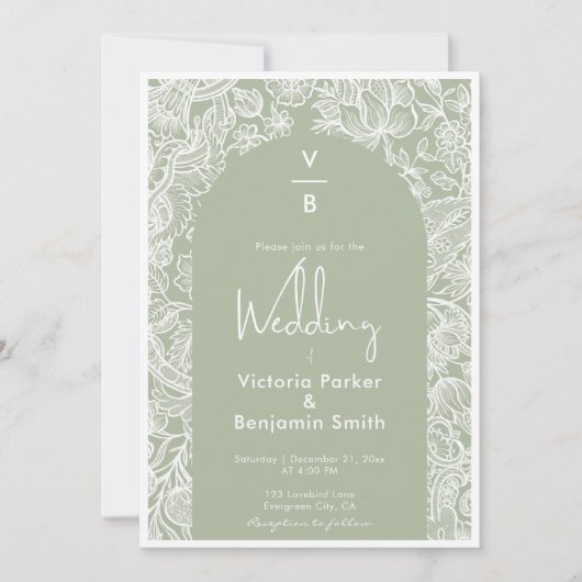 Invitation Chic Floral Line Boho Arch Monogram Sage Mariage (Devant)