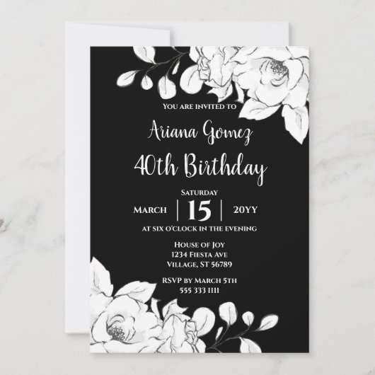 Invitation Chic Floral Noir Et Blanc Moderne 40e Anniversaire (Devant)