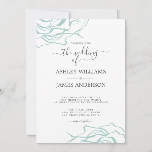 Invitation Chic Floral Outline Rose bleu Mariage (Devant)