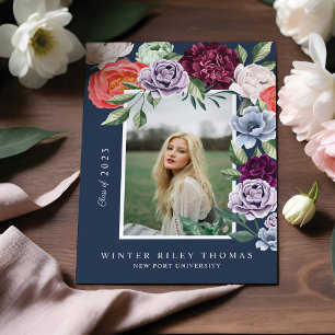 Invitation Chic Floral Peonies Rose Blossoms Graduation Photo