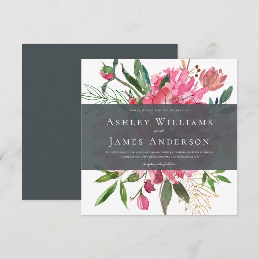 Invitation Chic Floral Peony rose (Devant / Derrière)