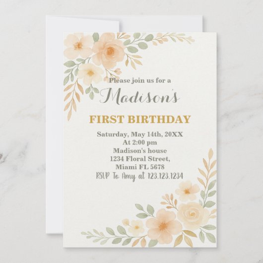 Invitation Chic Floral Premier anniversaire (Devant)