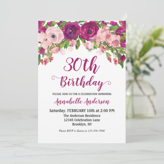 Invitation Chic Floral Purple Rose Aquarelle Script d'anniver (Debout devant)