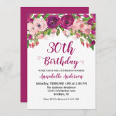 Invitation Chic Floral Purple Rose Aquarelle Script d'anniver (Devant / Derrière)