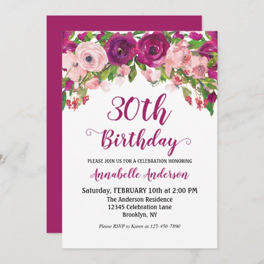 Invitation Chic Floral Purple Rose Aquarelle Script d'anniver (Devant / Derrière)