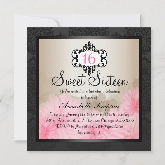 Invitation chic floral rose et noir élégant du (Devant)