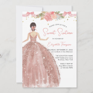 Invitation Chic Floral Rose or robe douce 16 Anniversaire