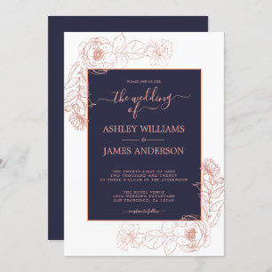 Invitation Chic Floral Rose Rose Gold Dark Blue Mariage