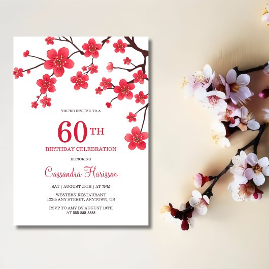 Invitation Chic floral rouge cerise fleur Sakura Anniversaire