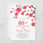Invitation Chic floral rouge cerise fleur Sakura Anniversaire (Devant)