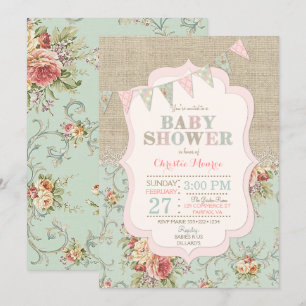 Invitation Chic Floral Rustique Délabré Toile de Jouy Broderi
