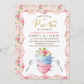 Invitation Chic Floral Wave Teacups 1er anniversaire Tea Part (Devant / Derrière)