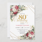 Invitation chic florale rouge et blanche pour 80e (Devant)