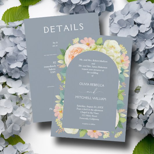Invitation Chic Florals Mariage tout en un Dusty bleu