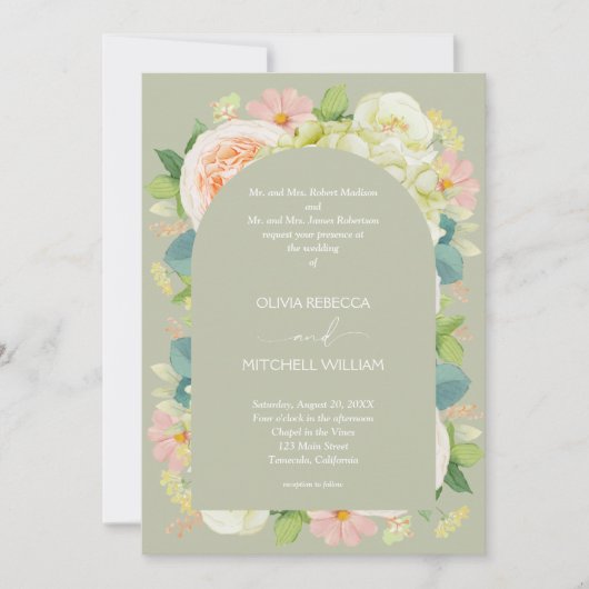 Invitation Chic Florals Mariage tout en un seul Sage Vert (Devant)