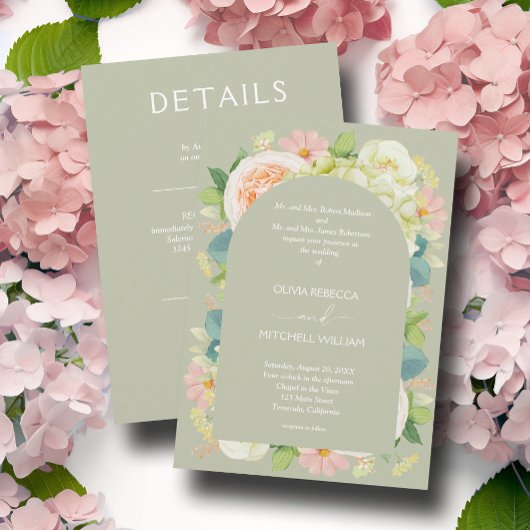 Invitation Chic Florals Mariage tout en un seul Sage Vert