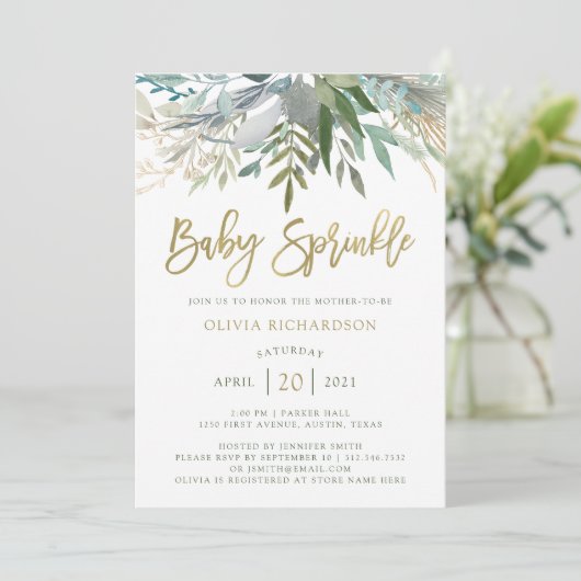Invitation Chic Foliage| Bébé saupoudré avec un script d'or F (Debout devant)