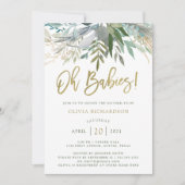 Invitation Chic Foliage | Jumeaux Baby shower et Gold Script (Devant)