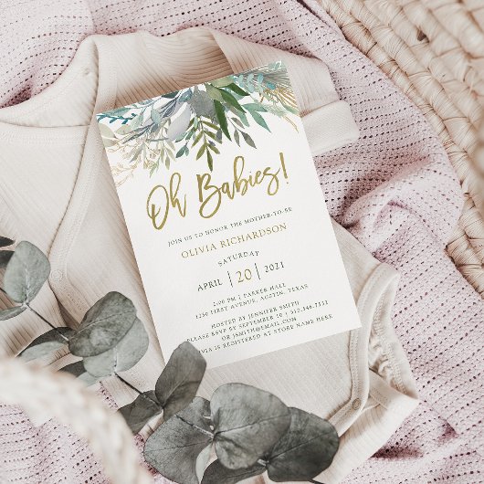 Invitation Chic Foliage | Jumeaux Baby shower et Gold Script